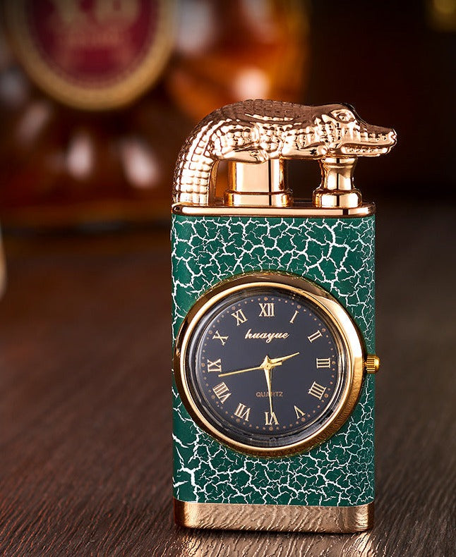 Brehn Lighter with quartz watch, metal punch, windproof lighter with blue flame and alligator head