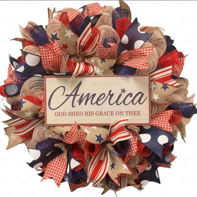 Unisex nan handcrafted Americana medallion wreath with layered deco mesh ribbons star motif bows and rustic sign Bowlift
