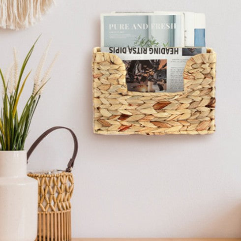Wall shelf made of untreated wood with rattan inserts Acalora