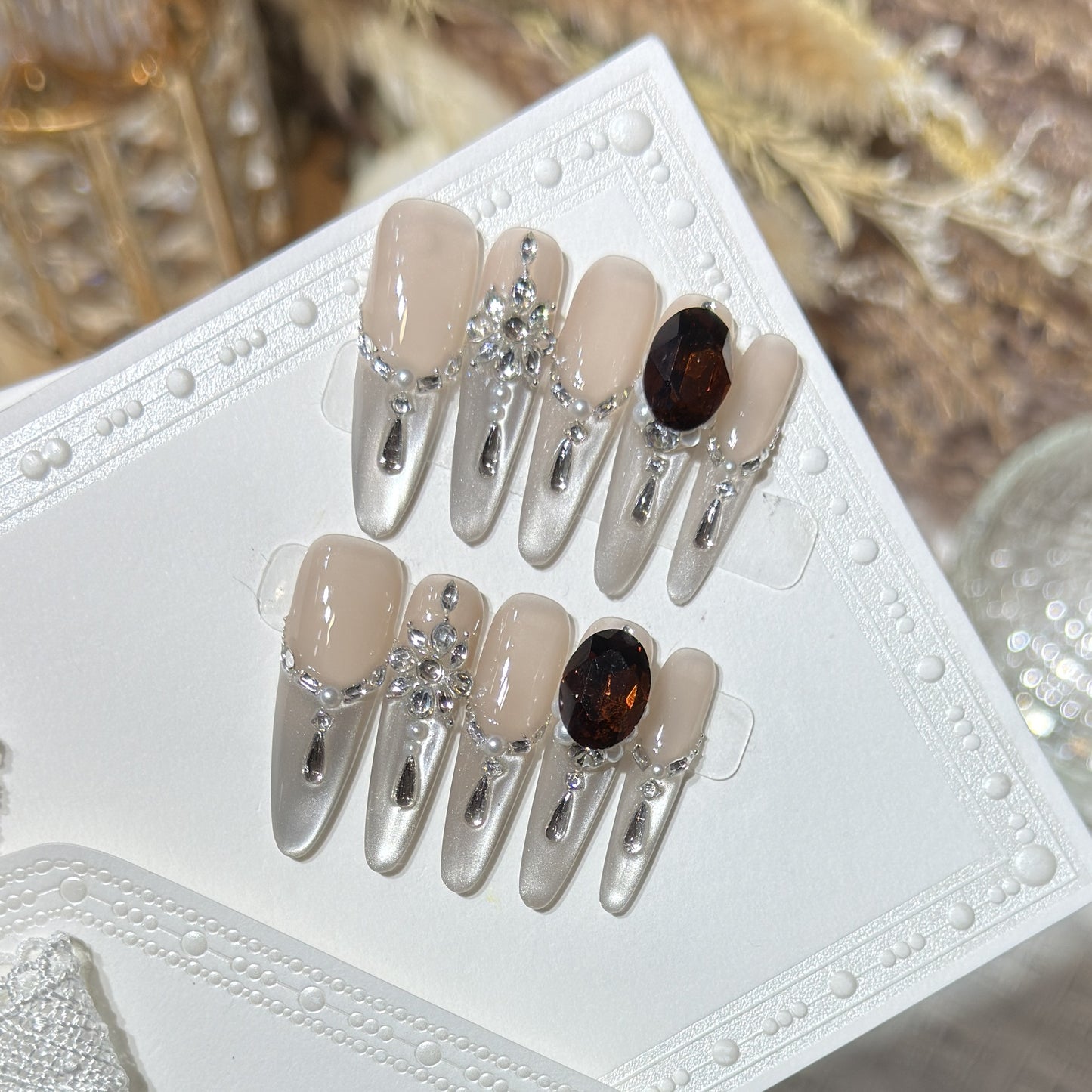 Glamorous Stiletto Press-On Nail Art Set with Elegant Gemstone Embellishments Acalora