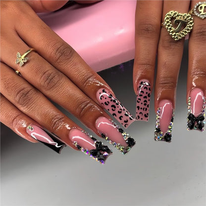 Glamorous Press-On Nail Art Set with Rhinestone and Leopard Accents Acalora