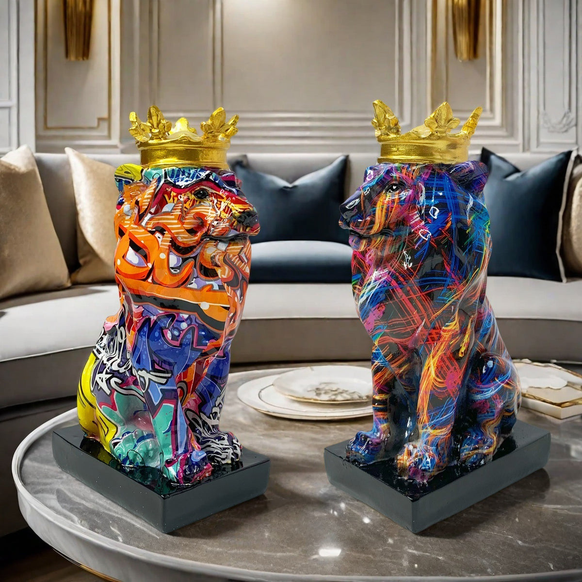 Colorful Lion Sculpture with Crown Acalora