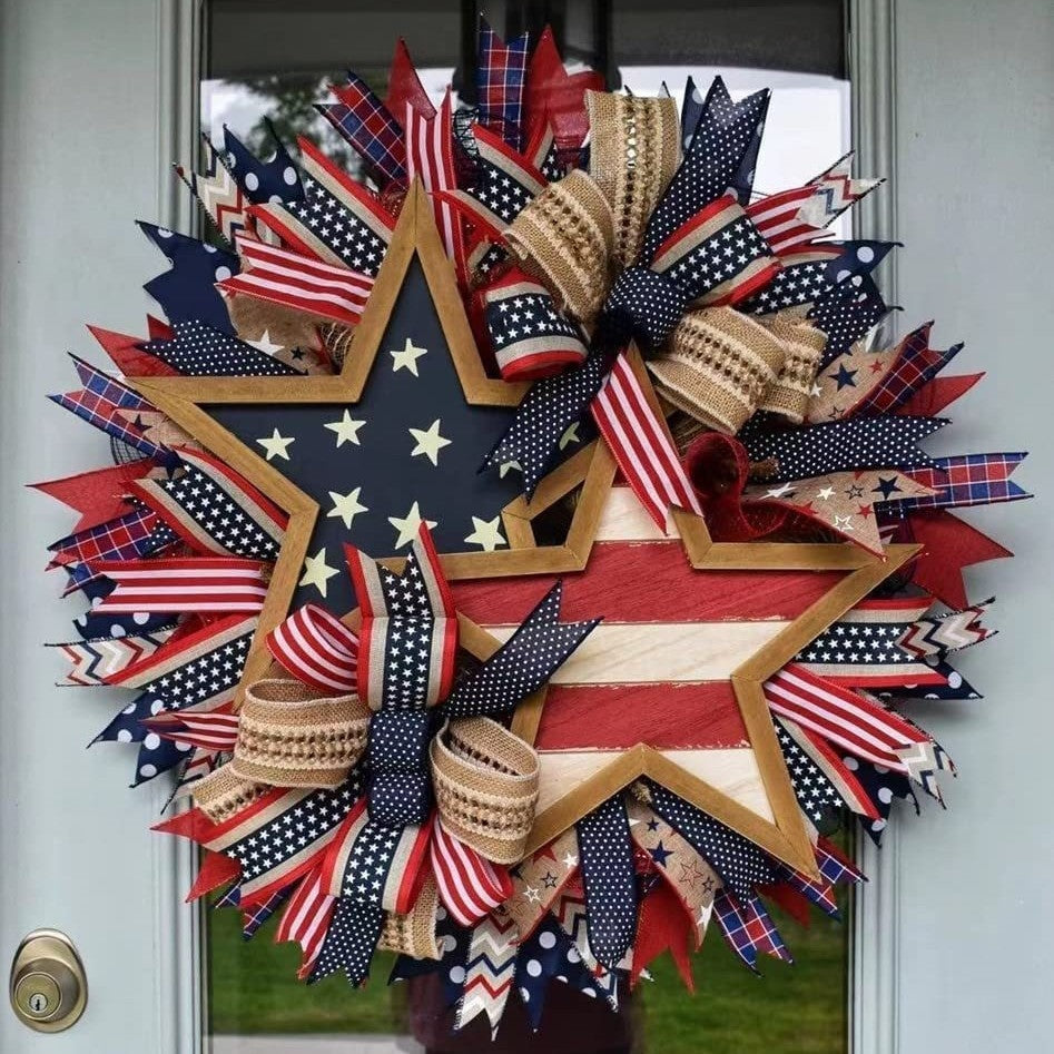Unisex nan handcrafted Americana medallion wreath with layered deco mesh ribbons star motif bows and rustic sign Bowlift