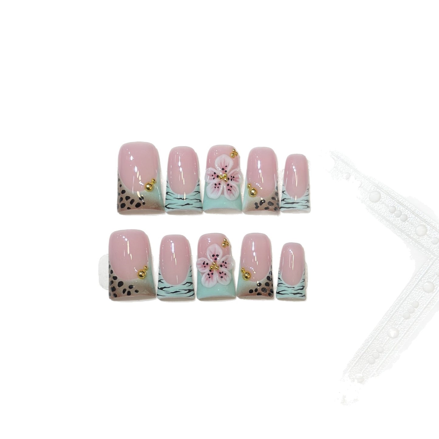 Artistic Press-On Nail Set with Floral and Patterned Design Acalora