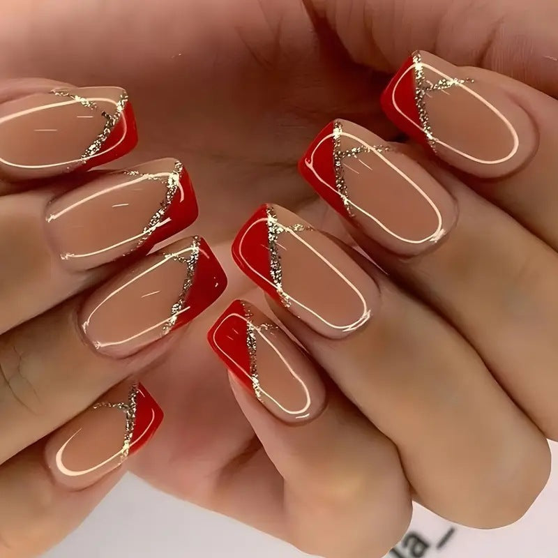 Artificial nails with luxurious gold and red accent design Acalora