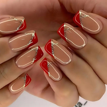 Artificial nails with luxurious gold and red accent design Acalora