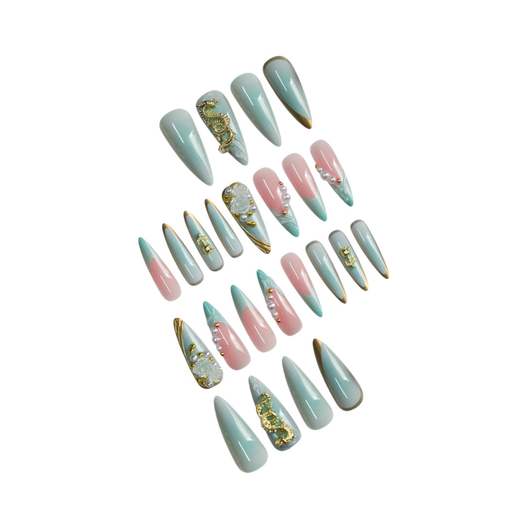Luxurious Rhinestone and Floral Press-On Nail Art Acalora