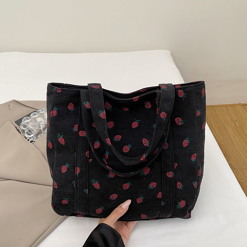 Playful Strawberry Print Corduroy Tote Bag Acalora