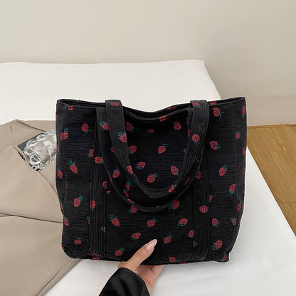 Playful Strawberry Print Corduroy Tote Bag Acalora