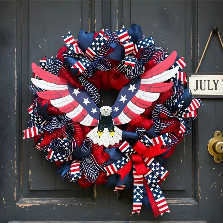 Unisex nan handcrafted Americana medallion wreath with layered deco mesh ribbons star motif bows and rustic sign Bowlift