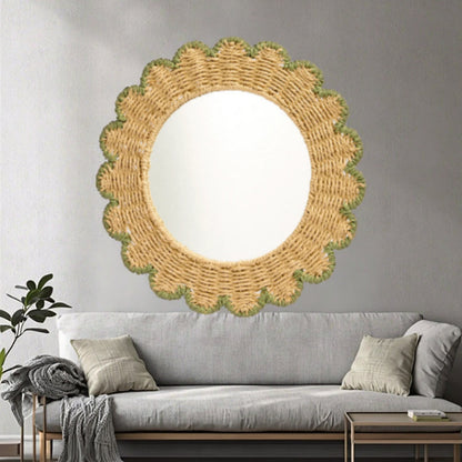 Decorative Round Wall Mirror with Natural Rattan Frame Acalora