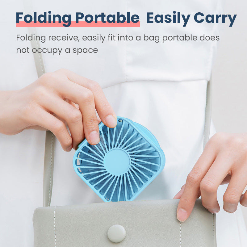 Unisex nan compact foldable clip on handheld desk fan with built in mirror adjustable tilt and USB rechargeable battery Bowlift