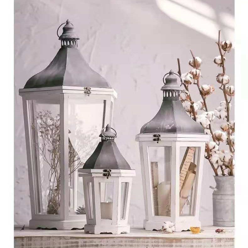 Rustic Weathered Wood and Metal Indoor Outdoor Candle Lantern Set Acalora