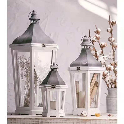 Rustic Weathered Wood and Metal Indoor Outdoor Candle Lantern Set Acalora
