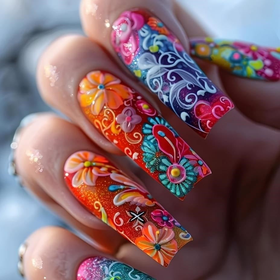 Artificial nails with luxurious 3D flowers and glitter accents Acalora