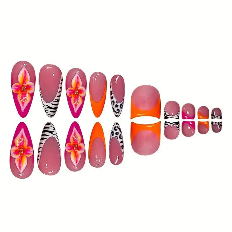 Artistic Press-On Nail Set with Floral and Geometric Accents Acalora