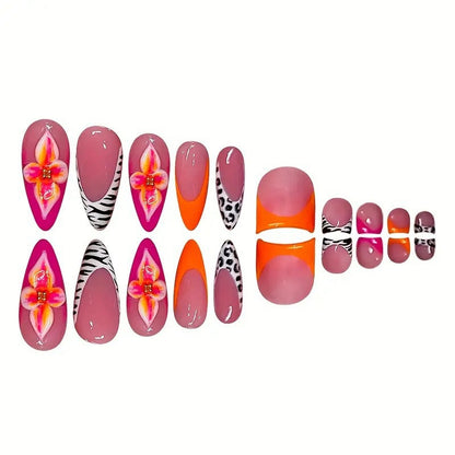 Artistic Press-On Nail Set with Floral and Geometric Accents Acalora