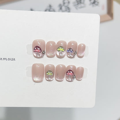 Artistic Press-On Nail Set with Playful Mushroom Designs Acalora