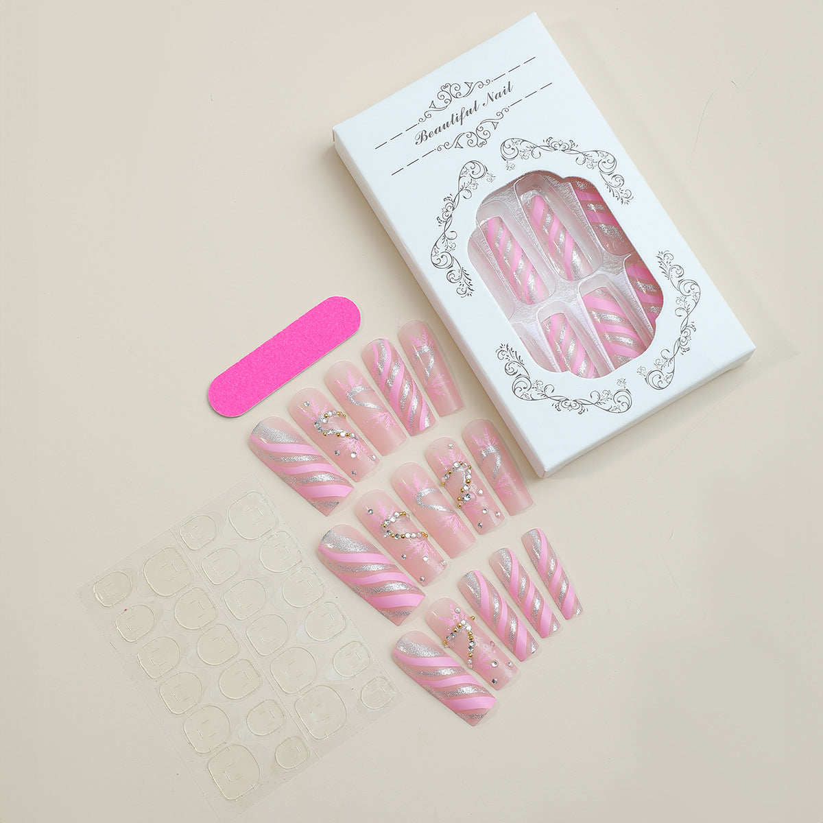 Decorative Press-On Nail Set with Exquisite Glitter Ribbon Design Acalora