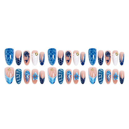 Artificial nails with maritime design and 3D flower accents Acalora