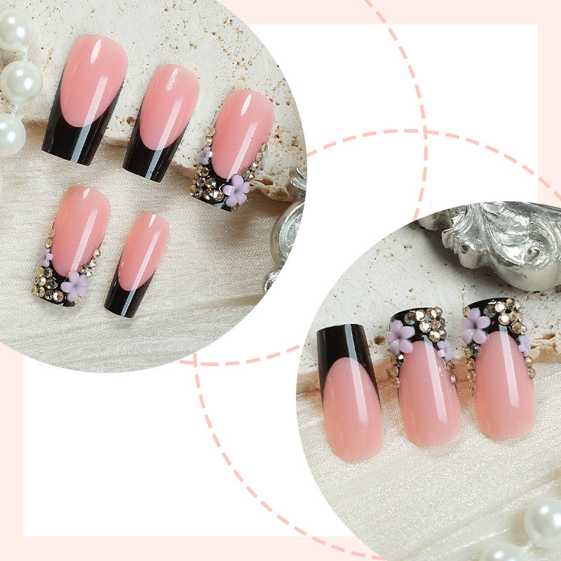 Elegant Press-On Nail Set with Rhinestone and Glossy Accents Acalora