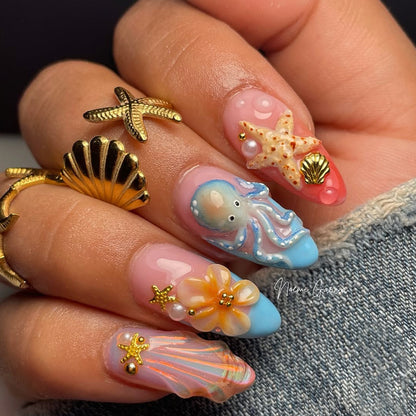 Decorative Press-On Nail Art Set with Summer-Inspired Ocean Designs Acalora