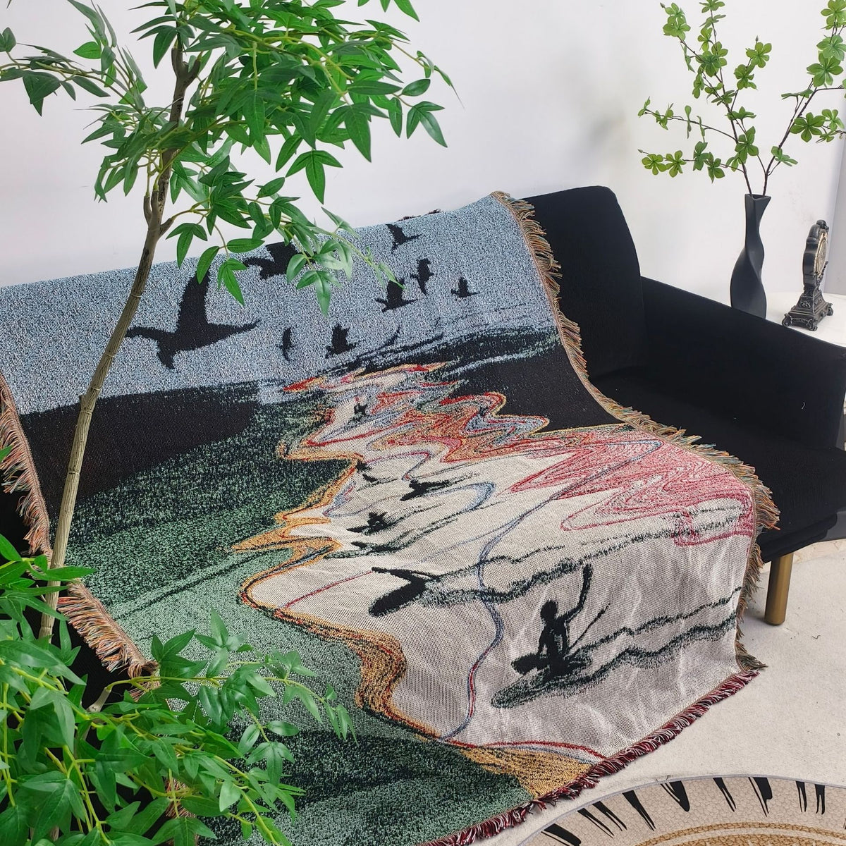 Artistic Surfing Scene Tapestry Throw Blanket