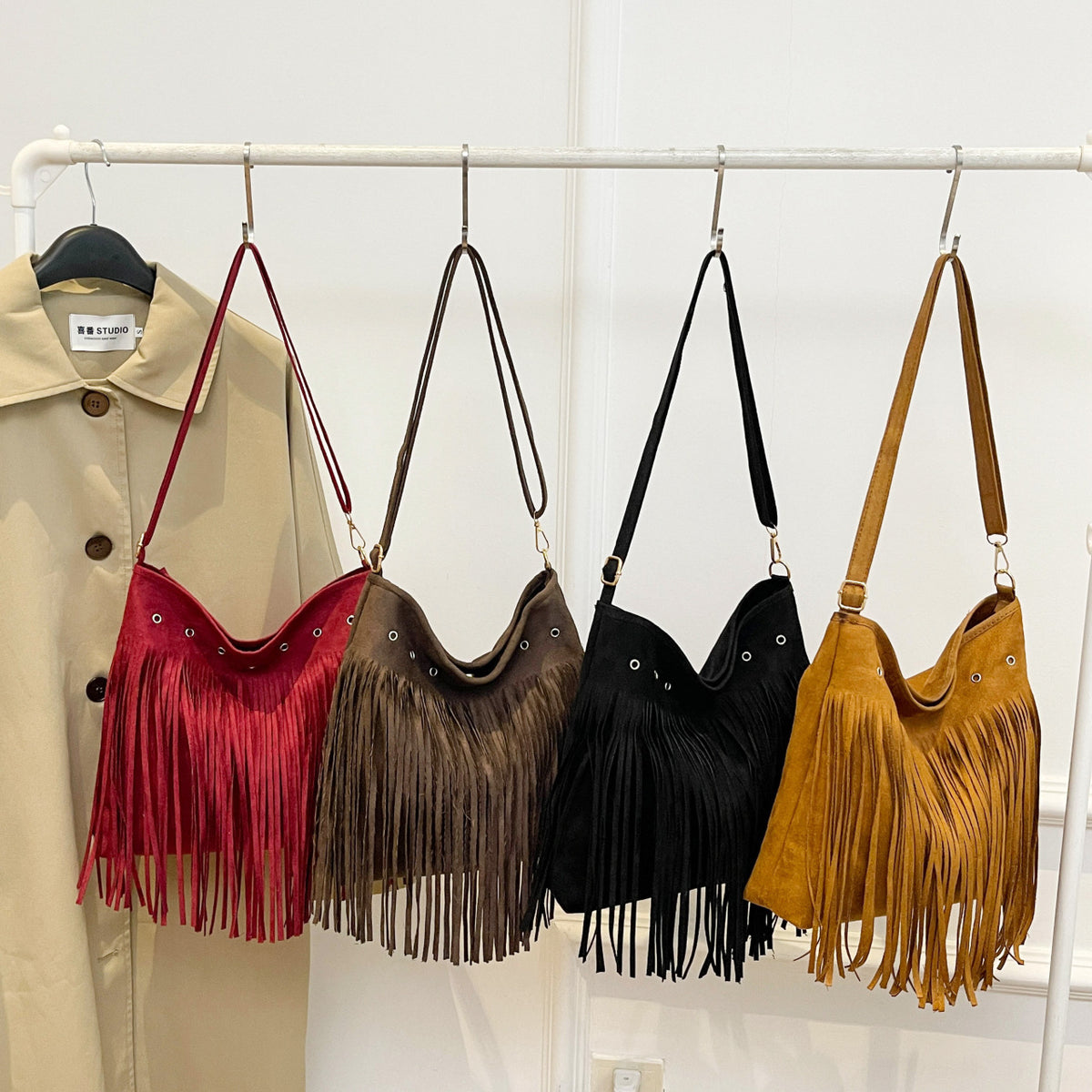 Suede Fringe Shoulder Bag Acalora