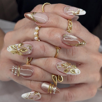 Artistic Press-On Nail Art Set with Elegant Floral Accents Acalora