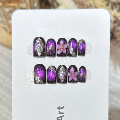 Elegant Floral Press-On Nail Set with Glitter Accents Acalora