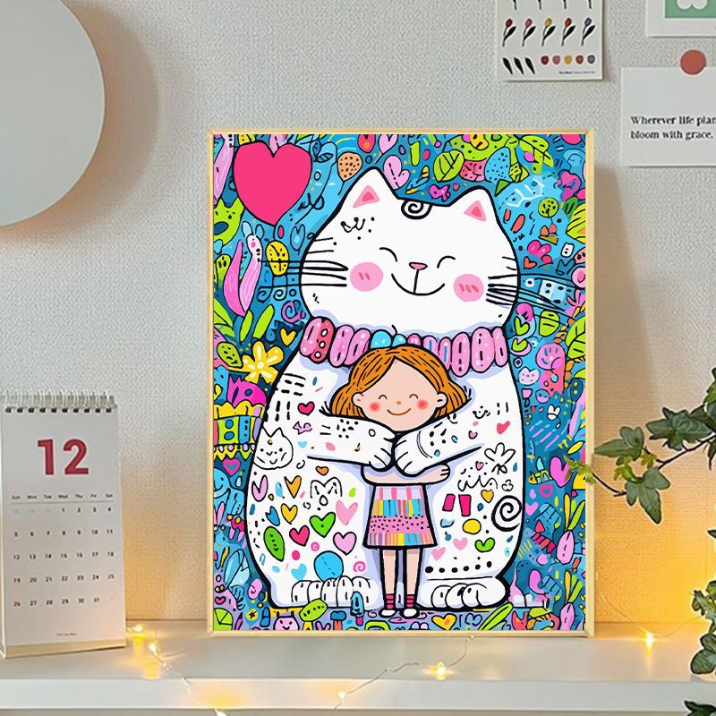 Playful Cat and Girl Illustration Canvas Art