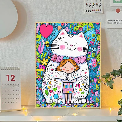 Playful Cat and Girl Illustration Canvas Art