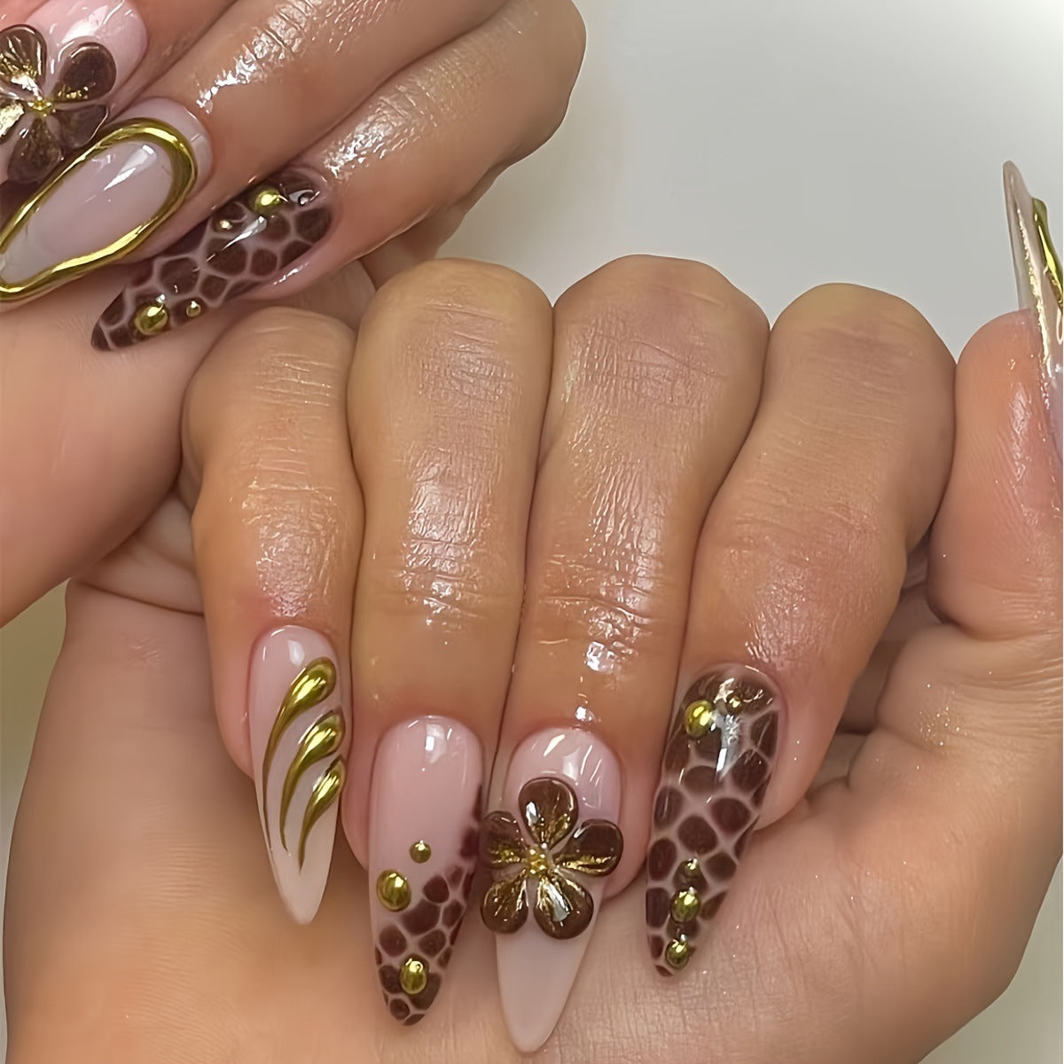 Artistic Press-On Nail Set with 3D Floral Accents Acalora
