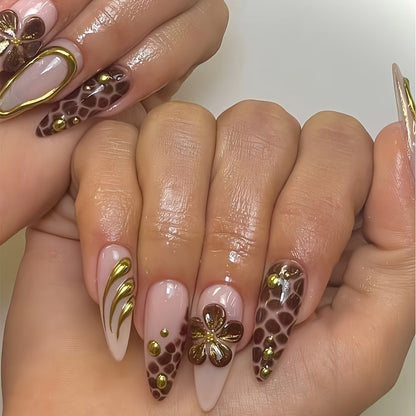 Artistic Press-On Nail Set with 3D Floral Accents Acalora