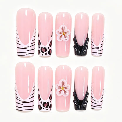 Artistic Press-On Nail Art Tips with Floral and Animal Print Designs Acalora