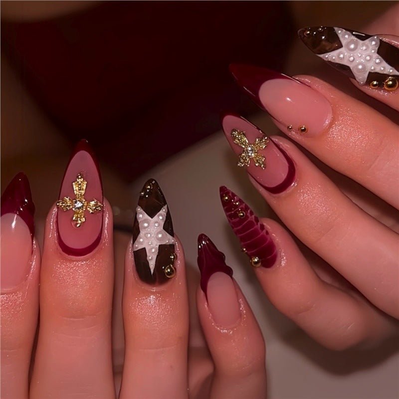 Artistic Stiletto Press-On Nail Art Set with Gemstone Accents Acalora