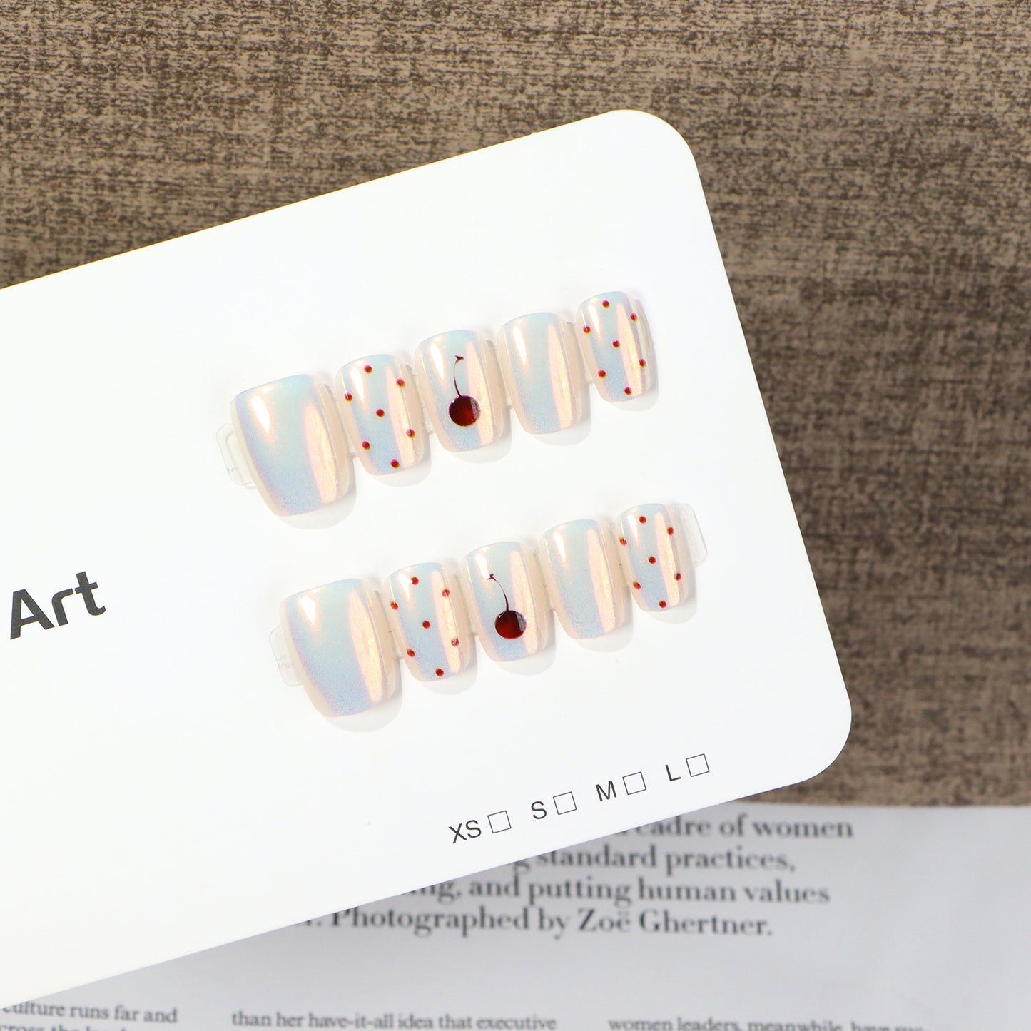 Artistic Press-On Nail Art Set with Cherry and Polka Dot Design Acalora