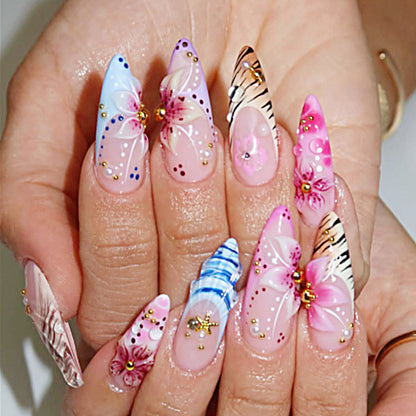 Artistic Press-On Nail Set with Floral and Gemstone Accents Acalora