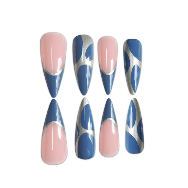 Artistic Stiletto Press-On Nail Design with Metallic Trim Acalora