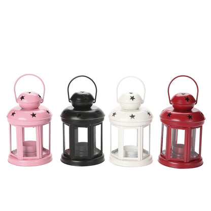 Hexagonal Glass-Paneled Metal Tealight Lantern with Star Vent Cutouts Acalora