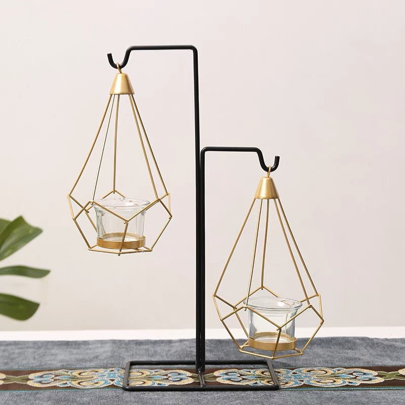 Decorative Geometric Hanging Tealight Candle Holder Set with Metal Stands and Glass Votives Acalora