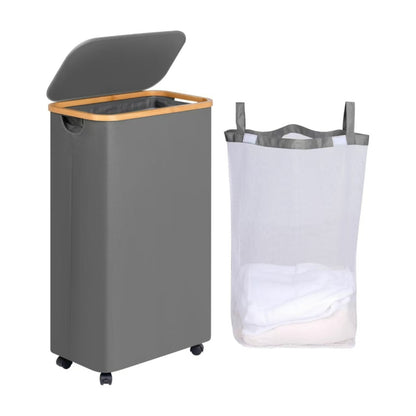 High-quality laundry container with bamboo lid and practical carrying handle Acalora