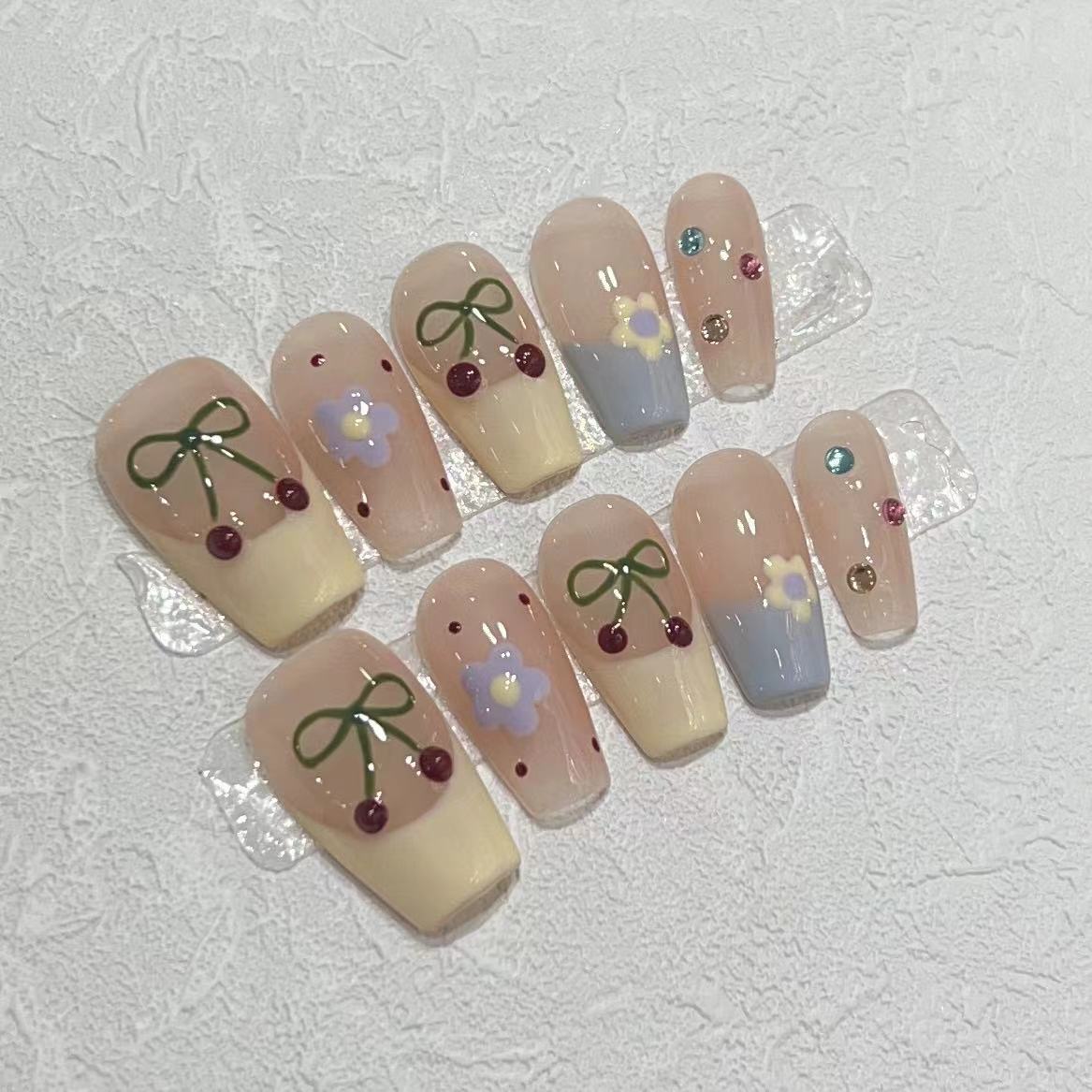 Charming Decorative Press-On Nail Set with Cherry and Floral Designs Acalora