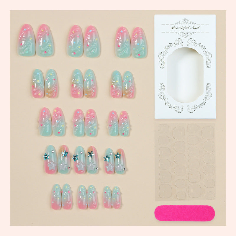Artistic Press-On Nail Set with Star and Wave Design Acalora