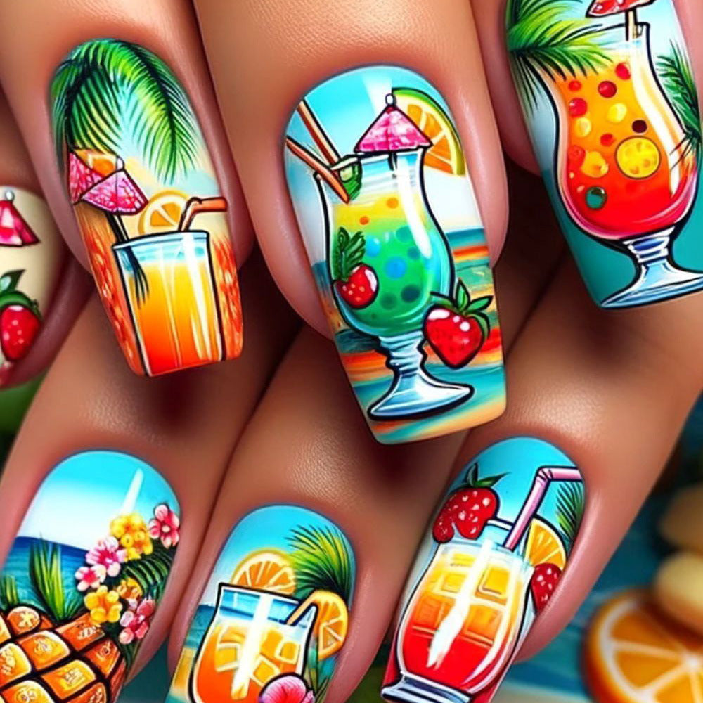 Artificial nail set with tropical drink motif and colorful accents Acalora