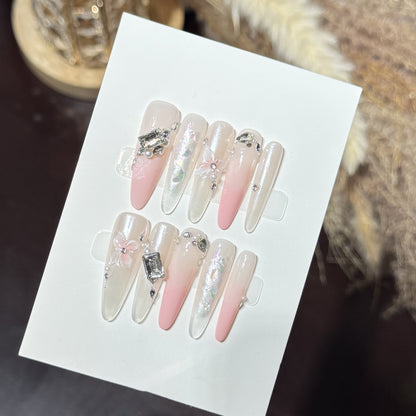 Elegant Stiletto Press-On Nail Art Set with Decorative Floral Accents Acalora