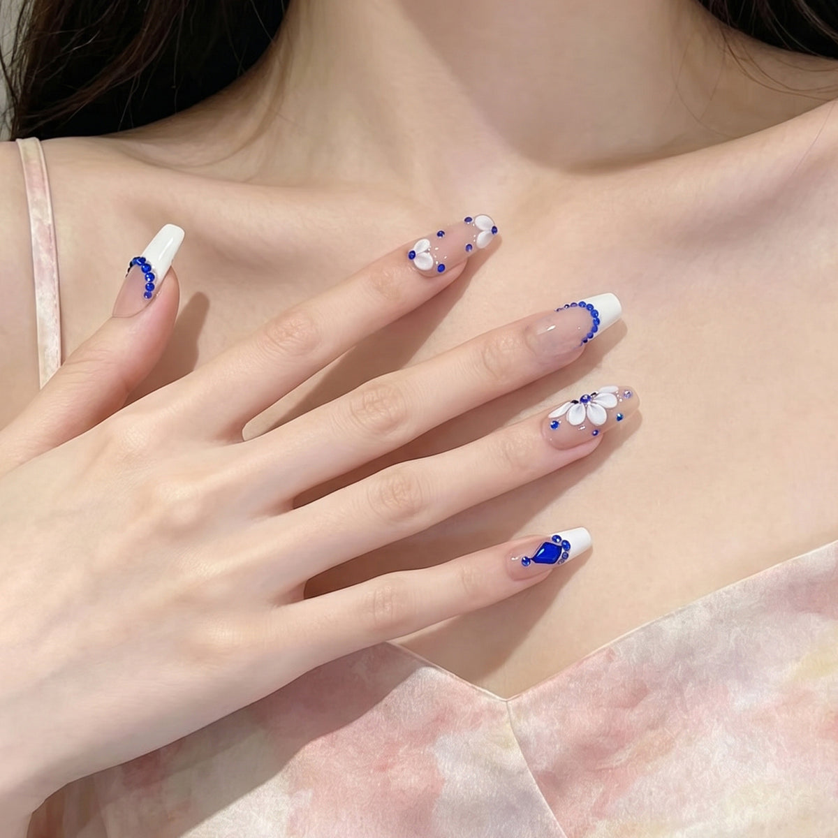Decorative Press-On Nails with Floral and Gemstone Accents Acalora