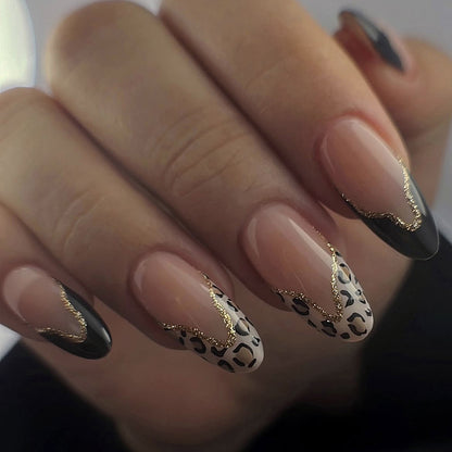 Stiletto Press-On Nail Set with Creative Leopard and Glossy Black Accents Acalora