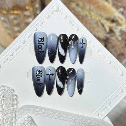 Artistic Press-On Nail Set with Gothic Feather and Cross Design Acalora