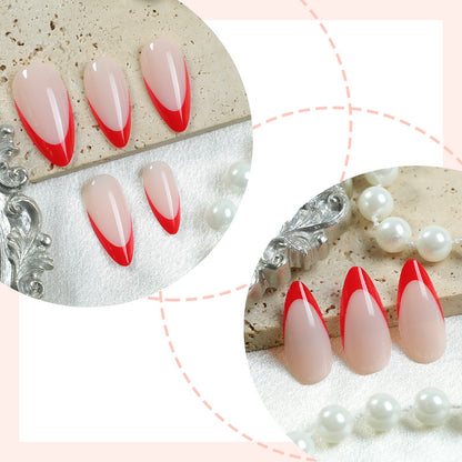 Decorative Press-On Nail Art Set with Elegant Red and White Design Acalora